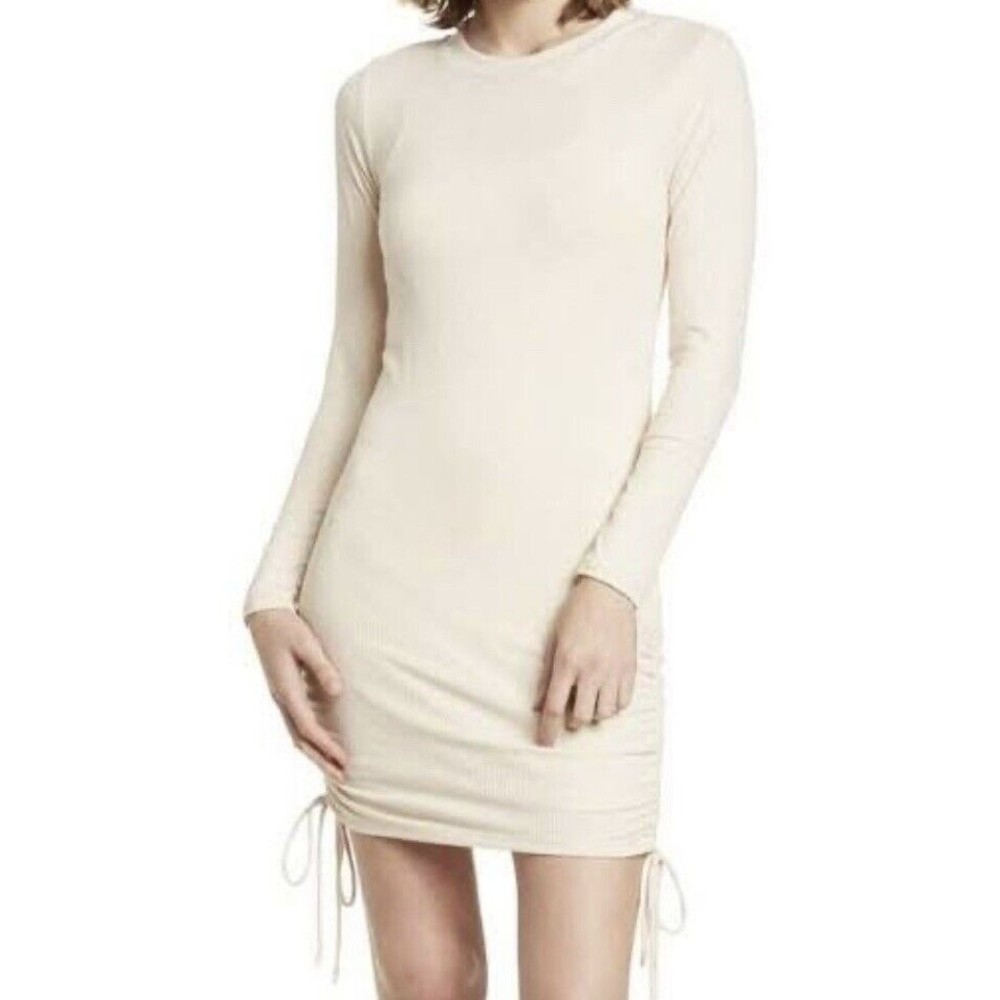 ABOUND Mini Raincheck Dress Beige Cream Ribbed Ruched Sides Long Sleeve Size L